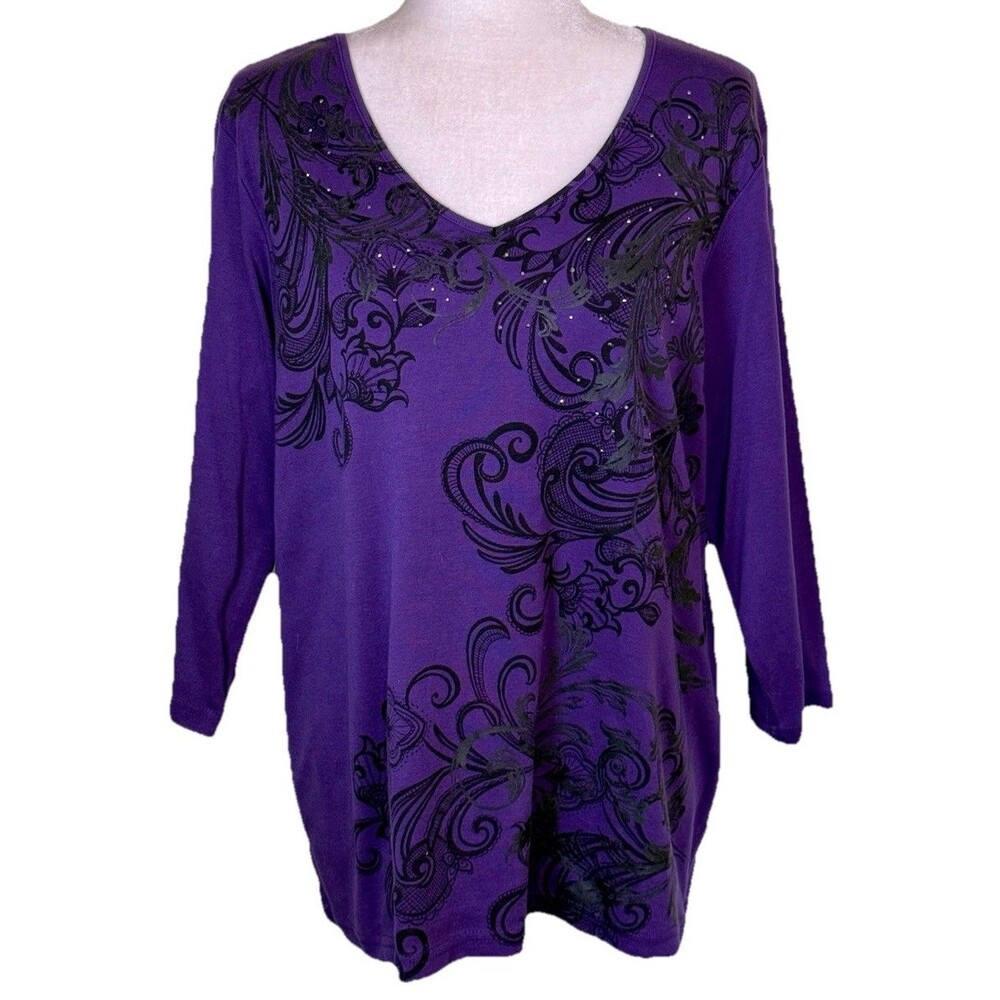Women Purple Whimsigoth Tunic Witchy Floral Embellished Scroll Top‎ Size 0X